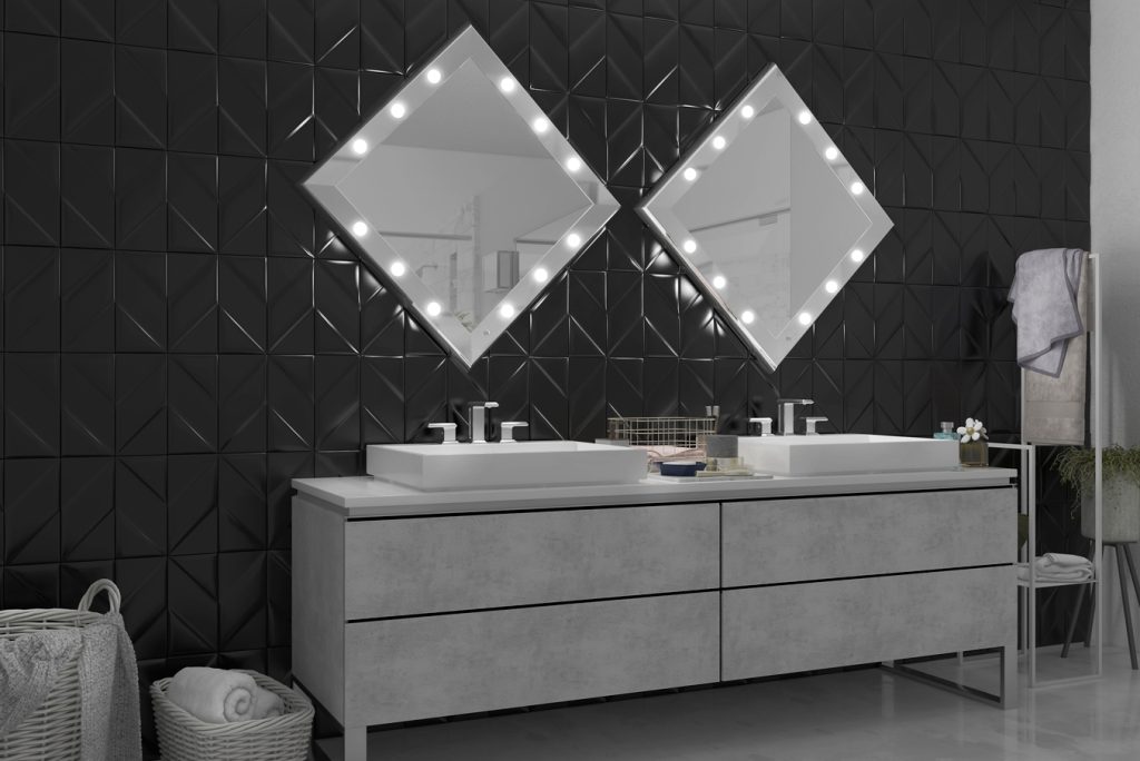 specchio a rombo con luci integrate regolabili per bagno con doppio lavandino 