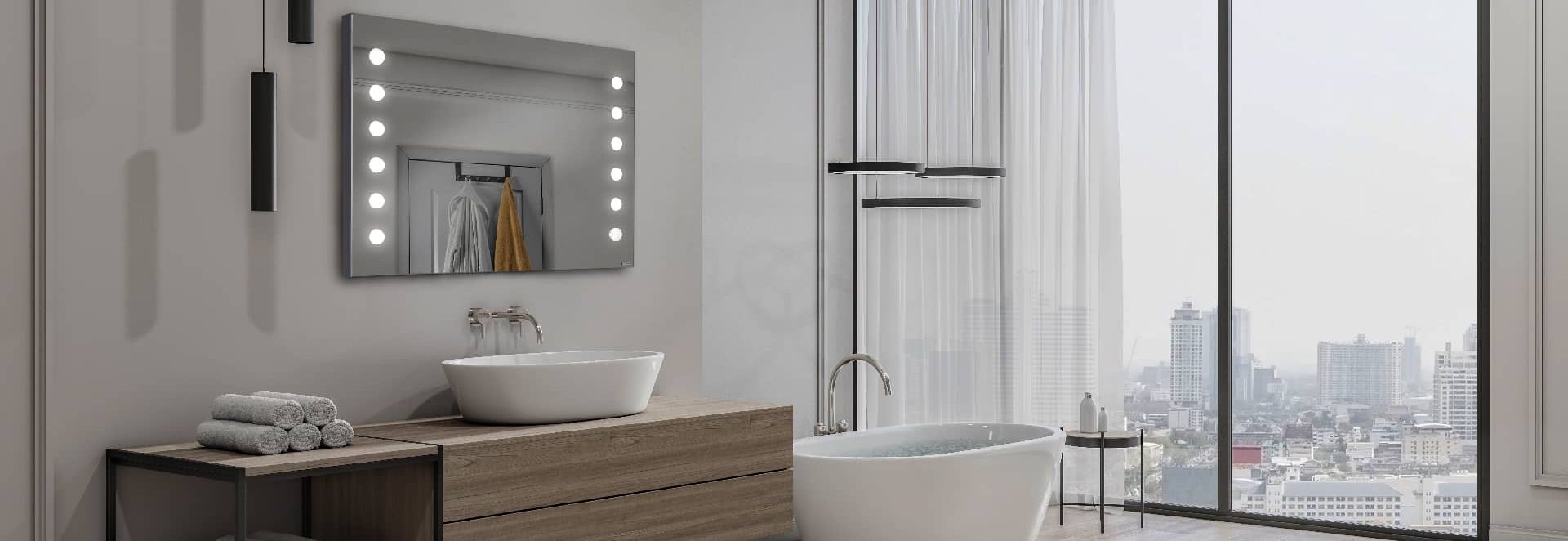 Large frameless mirror with 12 led light in a modern bathroom