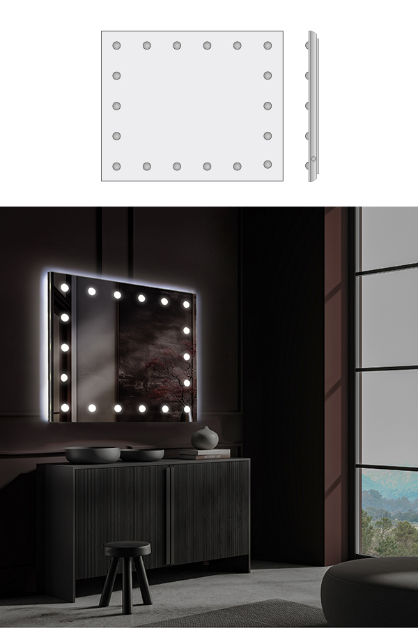 Grande specchio retroilluminato in soggiorno moderno