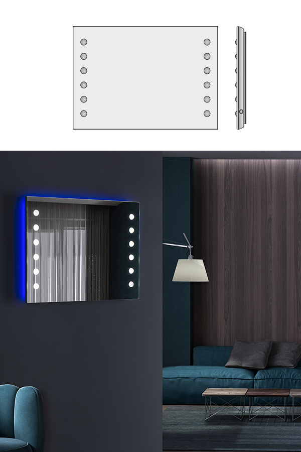 Specchio con retroilluminazione RGB blu in salotto moderno