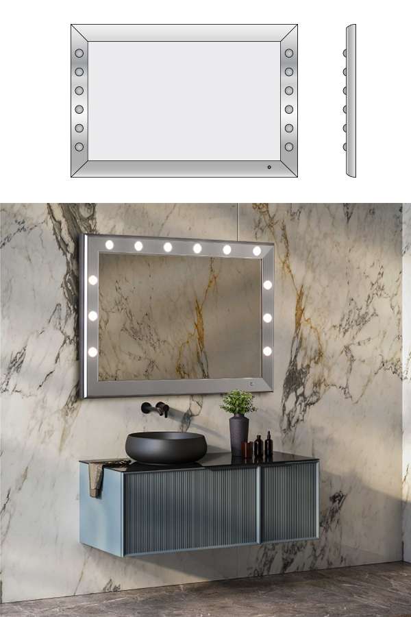 Specchio moderno con luci e cornice argento in bagno