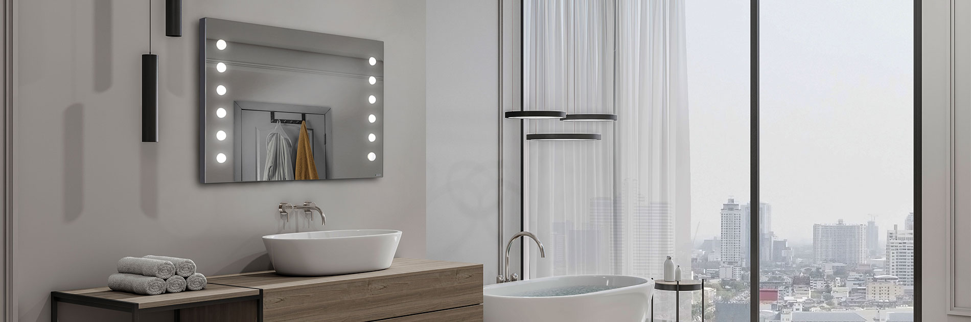 Large frameless mirror with 12 led light in a modern bathroom