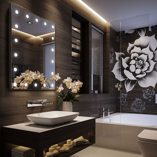 Large lighted mirror in a luxury hotel bathroom