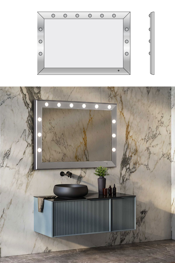 Modern mirror with lights and silver frame in the bathroom