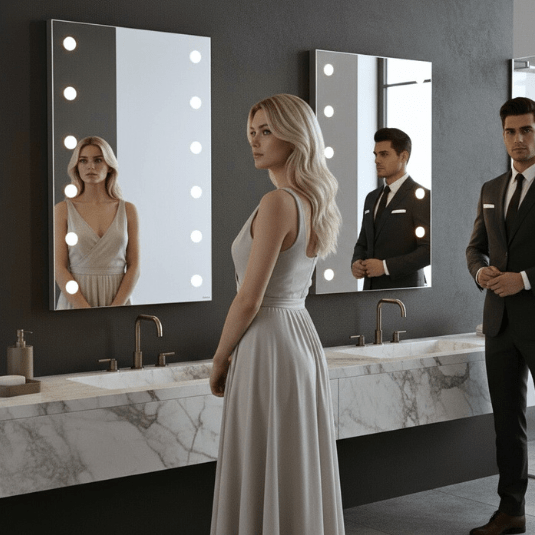 Doppio lavabo con specchi verticali e illuminazione integrata I-light - Modello MDE505