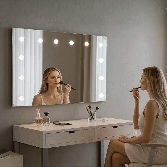 Vanity make-up station con specchio su misura a LED, ideale per professionisti del trucco e hairstylist.