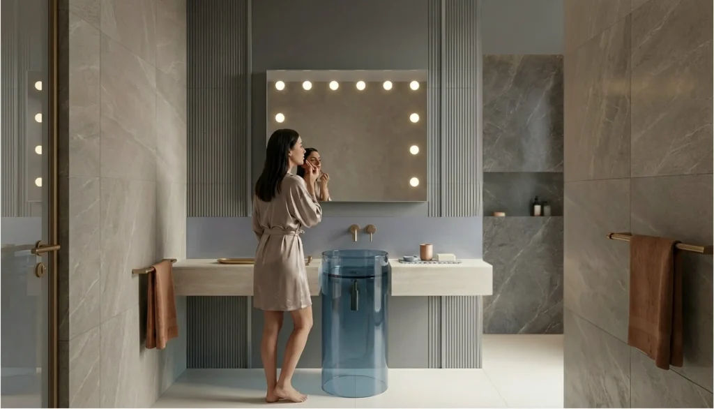 Salle de bain 2026 avec palette vert sauge, terre cuite et finitions mates contemporaines