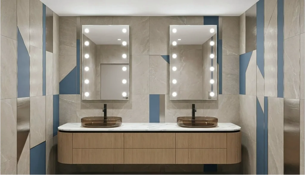 Salle de bain 2026 style spa domestique avec éclairage I-Light et surfaces matériques naturelles