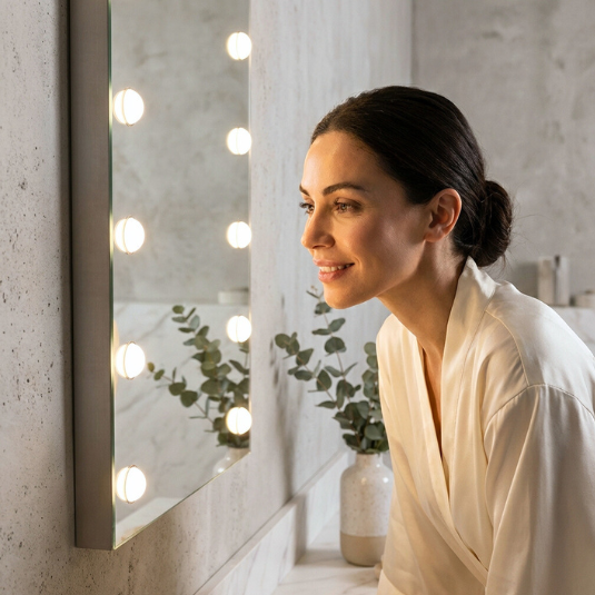 Miroir UNICA avec technologie I-Light intégrée comme système d'éclairage certifié dans les suites d'hôtels de luxe