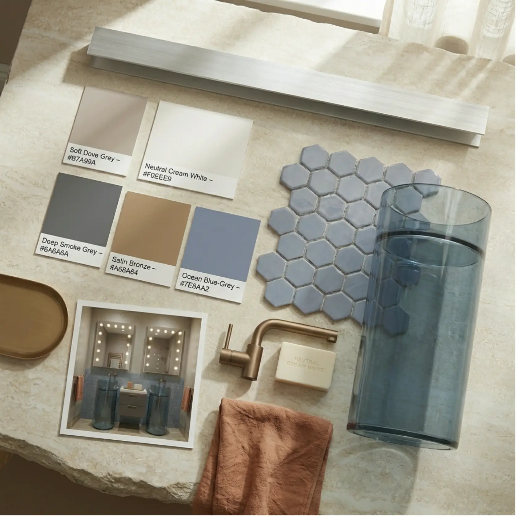 Salle de bain 2026 avec pierre naturelle, finitions mates et miroir avec lumière intégrée I-Light