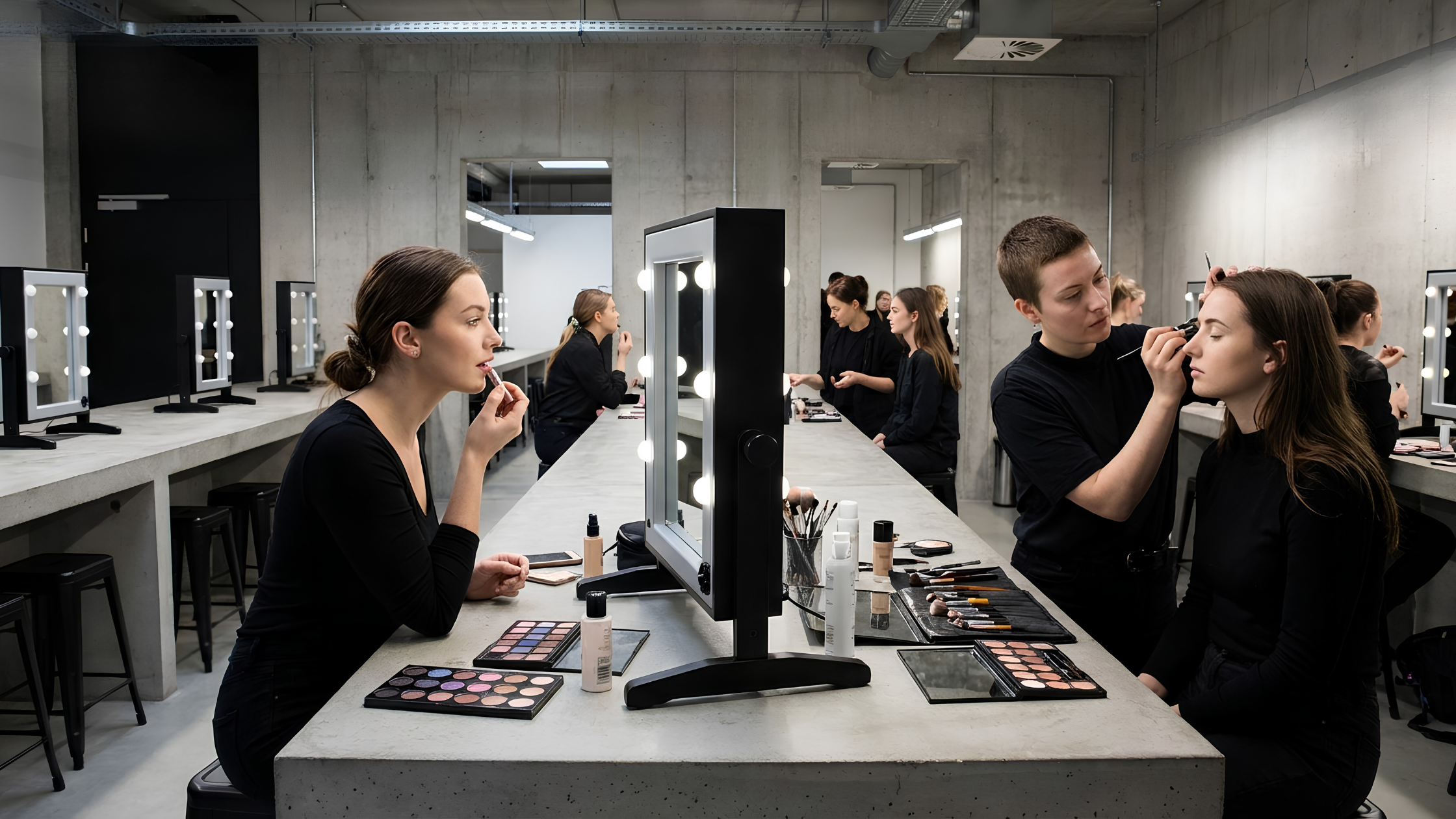 Specchio doppio da tavolo per postazioni trucco condivise in scuole e accademie make-up.