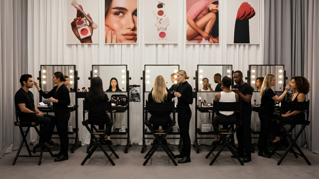 Postazione trucco mobile professionale con specchio illuminato e vani porta accessori.