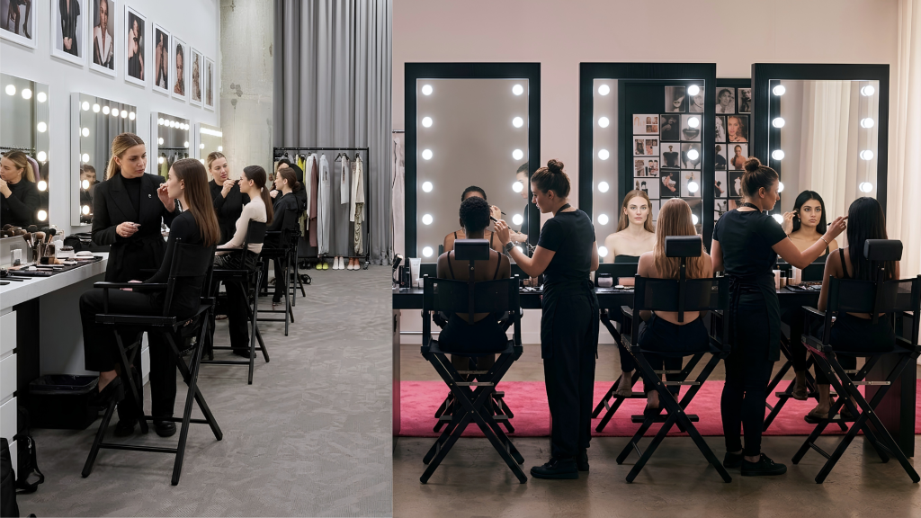 Specchio a muro illuminato per camerini professionali e postazioni make-up permanenti.